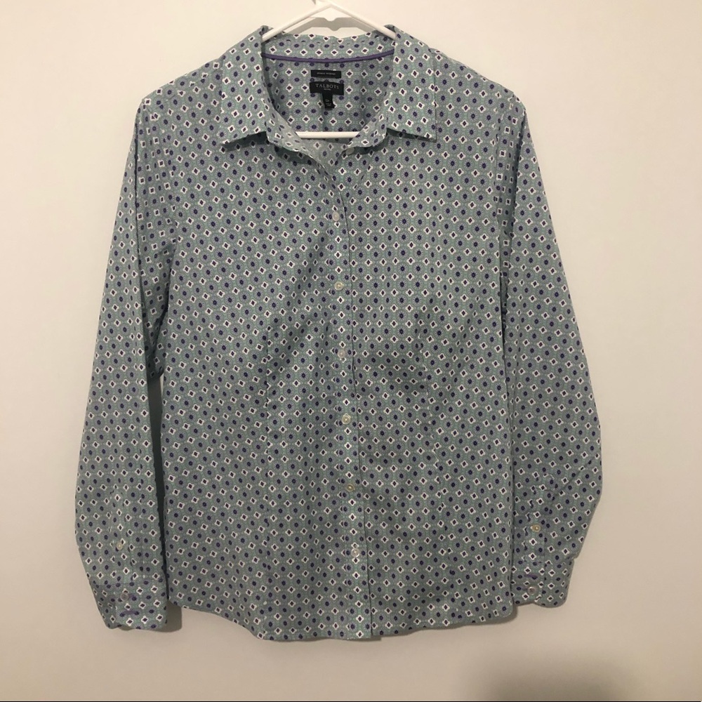 Talbots mint green geometric print button up